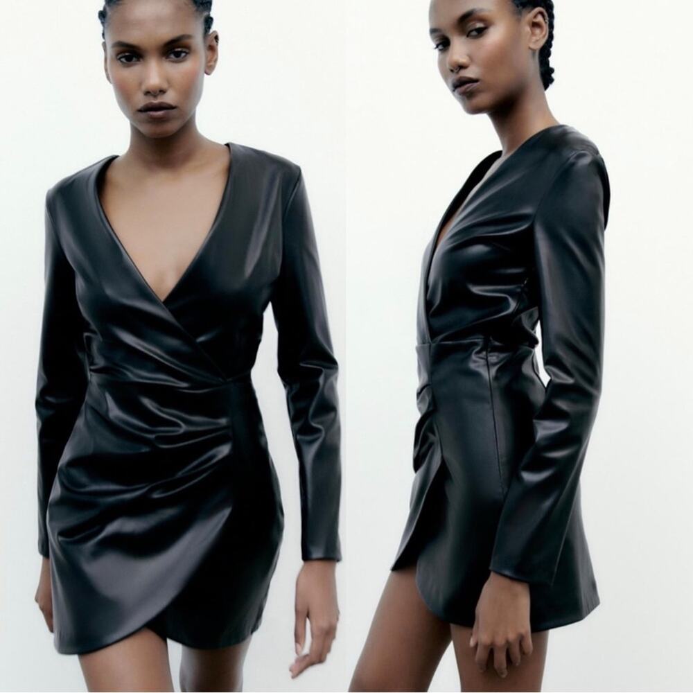 NWT Zara Black Faux Leather Draped Dress.